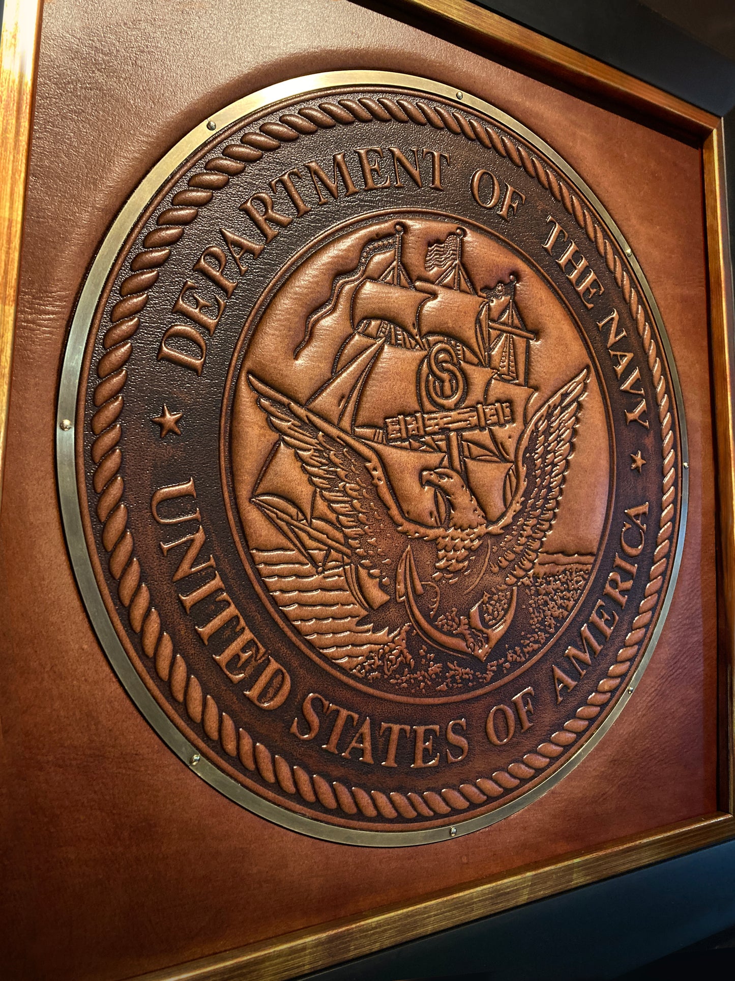 15 x 15 Leather United States Navy Seal with Brass Ring Detail